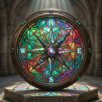 Ancient stained glass compass relic with cardinal directions and runes, displayed on a stone altar inside a sanctuary, casting colorful light reflections.