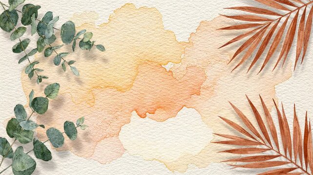 Organic watercolor splash serene eucalyptus, calm palm leaf, green, brown nature, ethereal wash, tranquil beauty, botanical elements, delicate forms, peaceful scenery