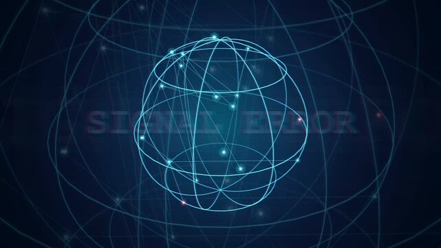 Digital globe network animation with glitching signal error text on dark blue background