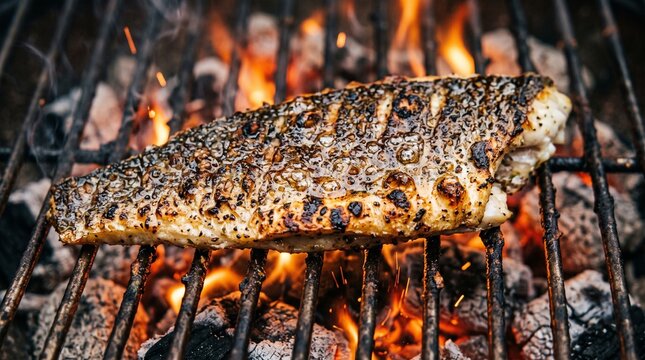 Grilled fish fillet cooking on charcoal barbecue grill with flames