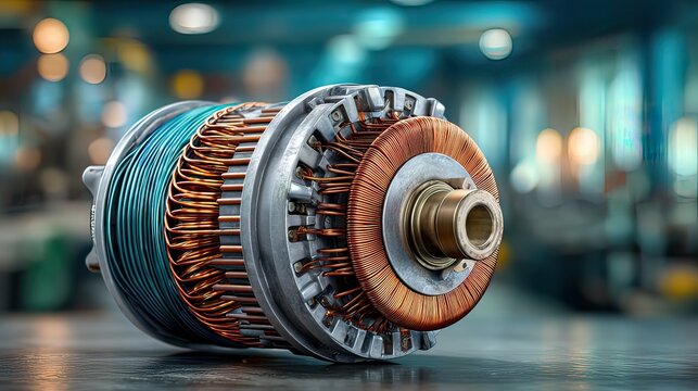 Detailed Close-Up of Electric Motor Component with Copper Windings and Industrial Background in Factory Setting