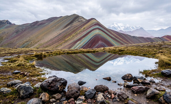 Rainbow Mountain Reflected in Alpine Water Pool Peru