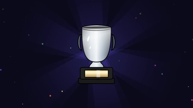 Animated Silver Trophy Cup on Dark Blue Background. An animated glowing gold key icon with floating particles on a dark background representing solutions and success.
