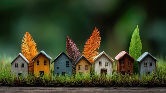 Colorful tiny houses with vibrant leaves in grass creating a charming miniature village scene in a peaceful natural setting