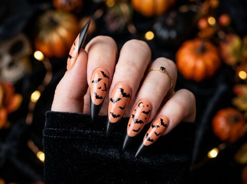Halloween Bat Nails with Black Tips on a Hand in Autumn Setting