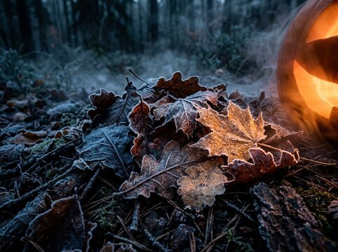 Glowing Halloween Jack o lantern Illuminating Frosted Autumn Leaves on Dark Forest Ground