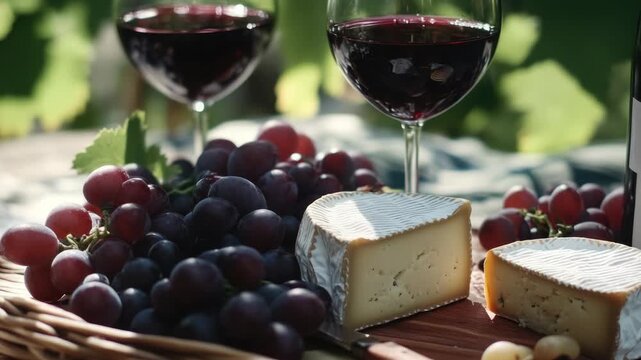 Close-up of Red Wine, Brie Cheese, and Fresh Grapes