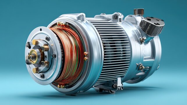 High-Quality Render of Electric Motor with Copper Windings and Detailed Components Against a Vibrant Blue Background