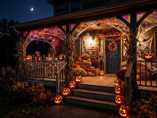 Naklejka premium Halloween Decorated Porch with Glowing Jack o lanterns at Night