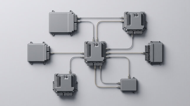 Autosar system architecture with interconnected electronic control units for modern vehicle electronic network communication on a clean studio background