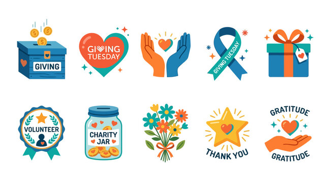 Flat Vector Icon Pack Featuring Charitable Donation Themes and Gratitude Symbols for Non-profit Events and Community Support