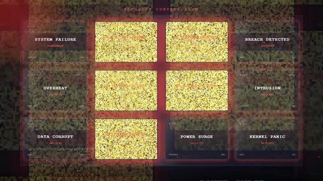 Digital glitch screen with system failure alerts and corrupted data in a security control room