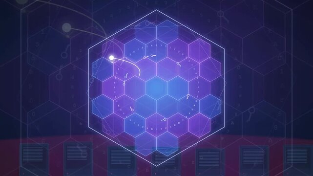 Abstract digital network animation with glowing purple hexagonal grid and floating data particles