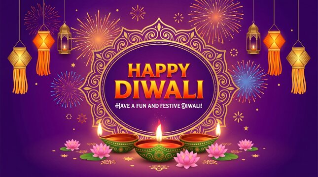 Happy Diwali Festival Celebration with Decorative Diyas, Rangoli, Lotus Flowers, and Festive Fireworks