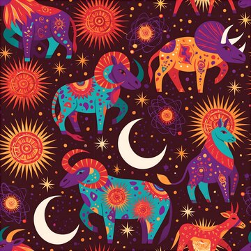 Colorful Astrology Zodiac Animals and Celestial Symbols Pattern