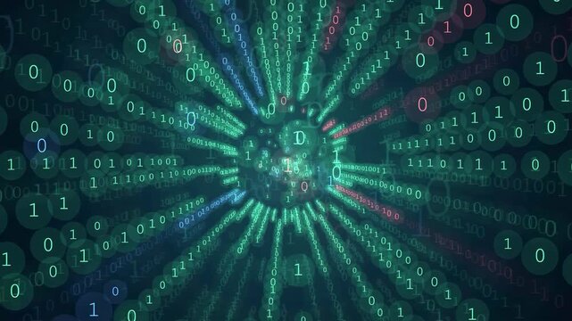 Abstract digital data stream with binary code flowing through a futuristic cyberspace tunnel