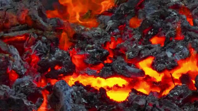 Bright orange flames burning hot wood embers in a bonfire