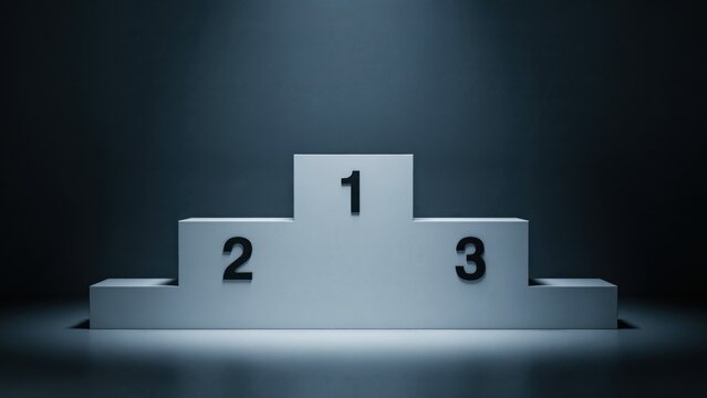 A blank white winners podium stands illuminated in a dark studio setting. Perfect for award ceremony presentations and sports victory concepts.