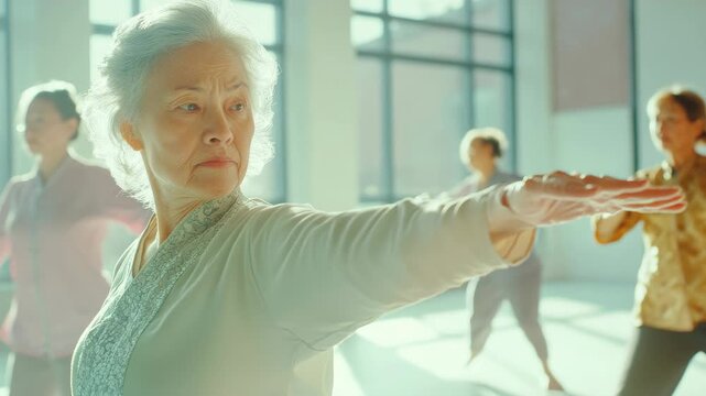 Senior Woman Practicing Tai Chi in a Bright Wellness Studio