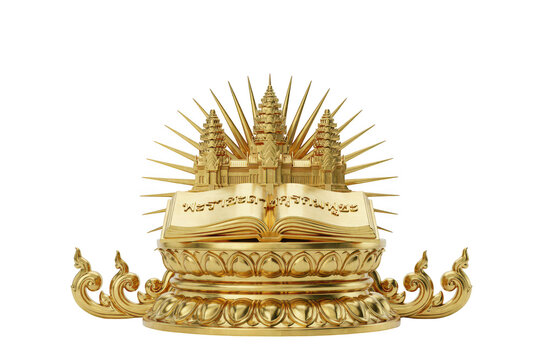 A golden 3d sculpture of the angkor wat temple with an open book displaying khmer script, resting on a lotus base, isolated on black background