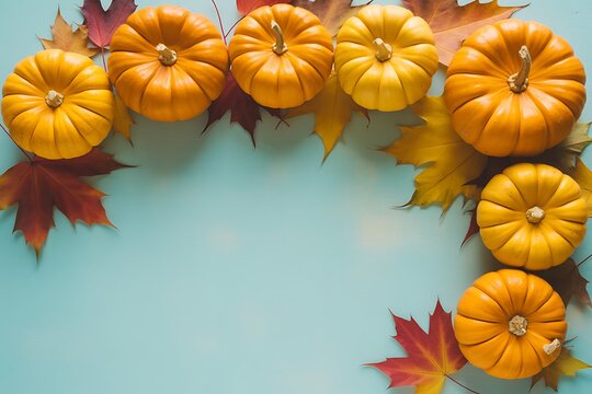 Top view of orange pumpkins and colorful autumn leaves arranged as a border on a light blue background