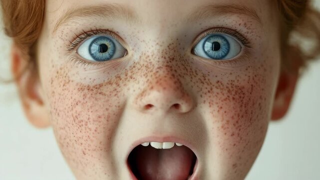 Close-up of a freckled child with blue eyes and red hair showing a surprised expression