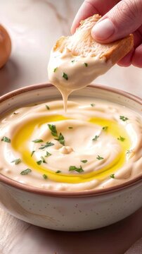 Dipping crusty bread into creamy hummus bowl with olive oil and herbs. Close-up of hand holding baguette slice. Vertical video with panning and tilting camera movement.