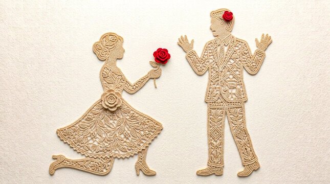 Intricate paper cut figures depict a proposal scene with a red rose
