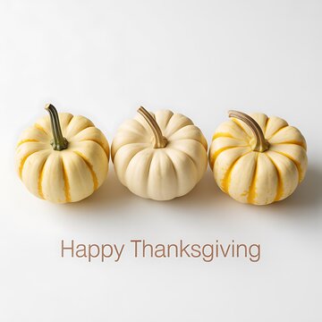 Three small white pumpkins arranged in a row on a white background with happy thanksgiving text