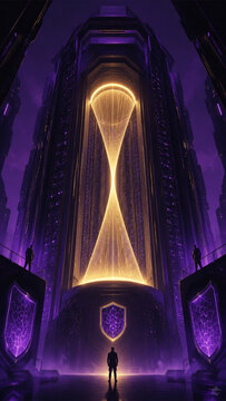 Paused Compute Tower With Hourglass Light Conceptual Technology Illustration