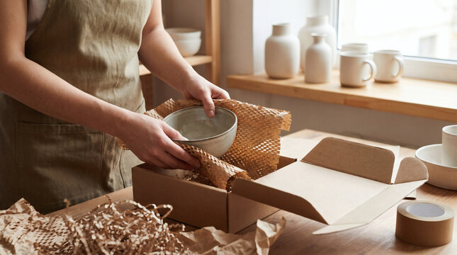 Female ceramic artisan packing handmade pottery bowl with protective paper wrap inside cardboard box for shipping order in studio workshop