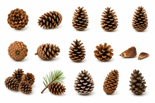 set of conifer cones shown from various angles and perspectives and in different states, on a white isolated background&mdash;suitable for post designs, animations, or social media