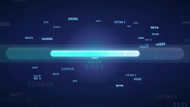 Abstract digital data stream with glowing loading bar and floating binary code on dark blue background