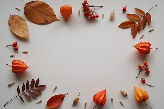 Autumn composition with colorful fall leaves and physalis berries arranged as a frame on a white background