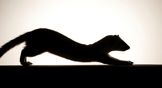 Black silhouette of a ferret stretching on the ground