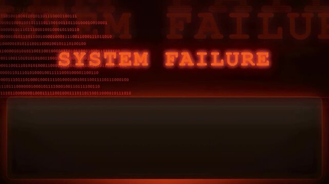 Digital screen displaying a red system failure warning with scrolling binary code background