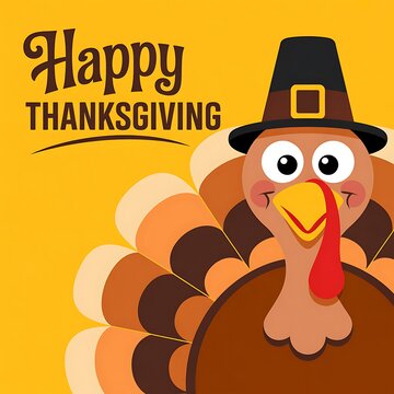 Cute cartoon turkey wearing a pilgrim hat with happy thanksgiving text on a yellow background
