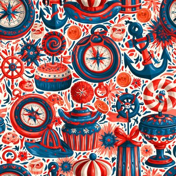 Nautical birthday party seamless pattern with cupcakes