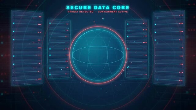 Futuristic Digital Interface with Secure Data Core and Cyber Security Lock Animation on Blue Background