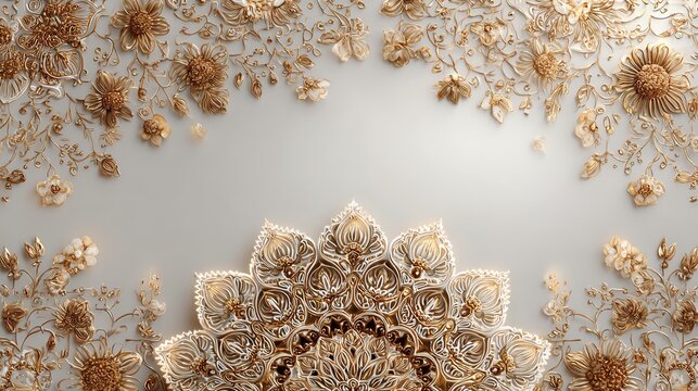 Intricate gold pattern design featuring floral motifs and lace-like details on a subtle background.