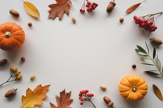 Autumnal flat lay with pumpkins leaves and berries on a white background