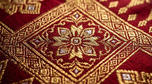 Authentic Red and Gold Palembang Songket Woven Textile Texture