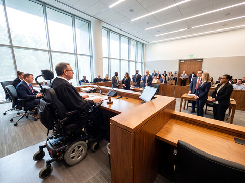 A judge in a wheelchair presiding over a modern courtroom hearing with lawyers and public attendees present