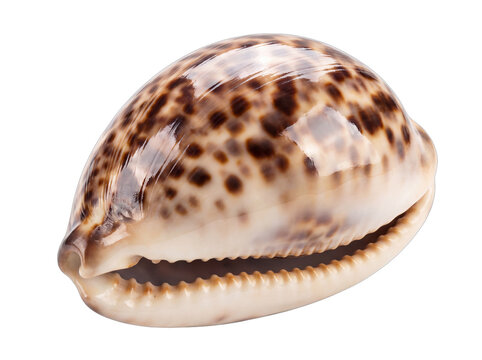 Large Cowrie Shell with Cream and Coffee Patterning, Isolated Three-Quarter Studio View