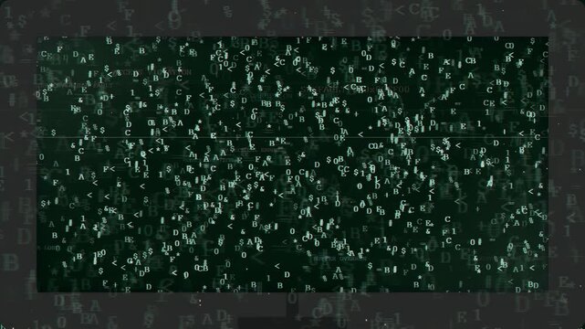 Abstract digital data stream with falling green characters and matrix code on dark background