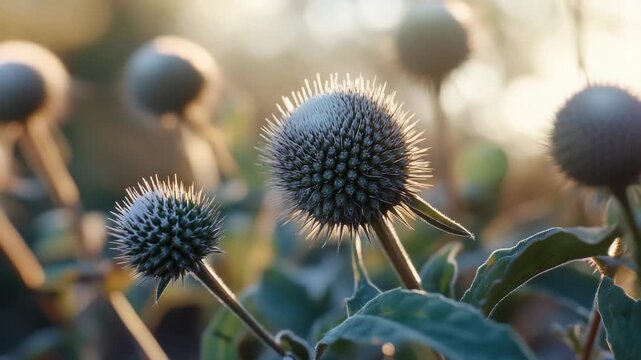 Close-up of Spiky Globe Flowers (Echinops) in a Field at Sunset