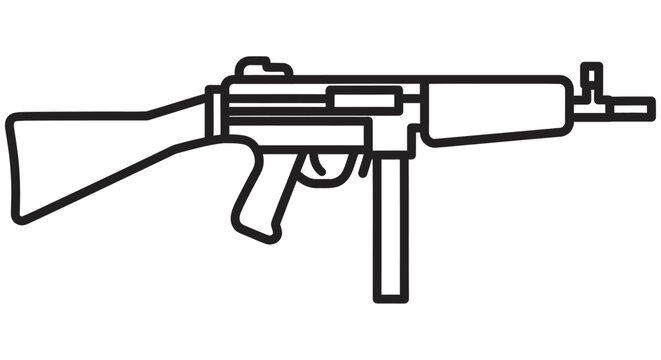 Submachine Gun Line Art Black Outline On White Background ak47