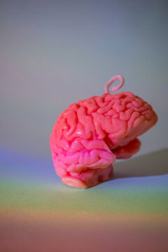 Handmade pink sculptural candle shaped like a human brain with a wick on top. Dramatic neon lighting creates a creepy Halloween atmosphere for horror decor, spooky parties and unusual interior decorat