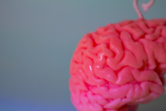 Handmade pink sculptural candle shaped like a human brain with a wick on top. Dramatic neon lighting creates a creepy Halloween atmosphere for horror decor, spooky parties and unusual interior decorat