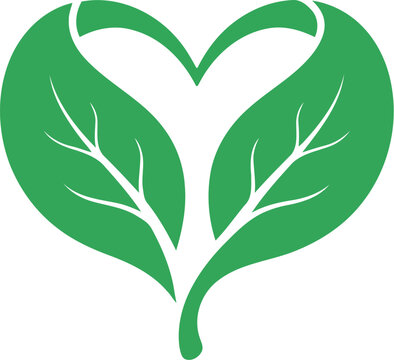 Green heart shape icon made of two fresh leaves symbolizing love for nature and environmental protection